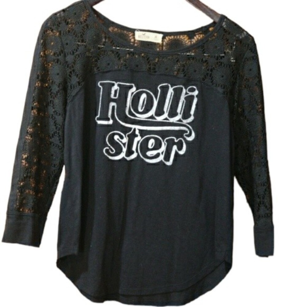 Hollister Black Logo Spellout Lace 3/4 Sleeve Shirt Medium Y2K Streetwear